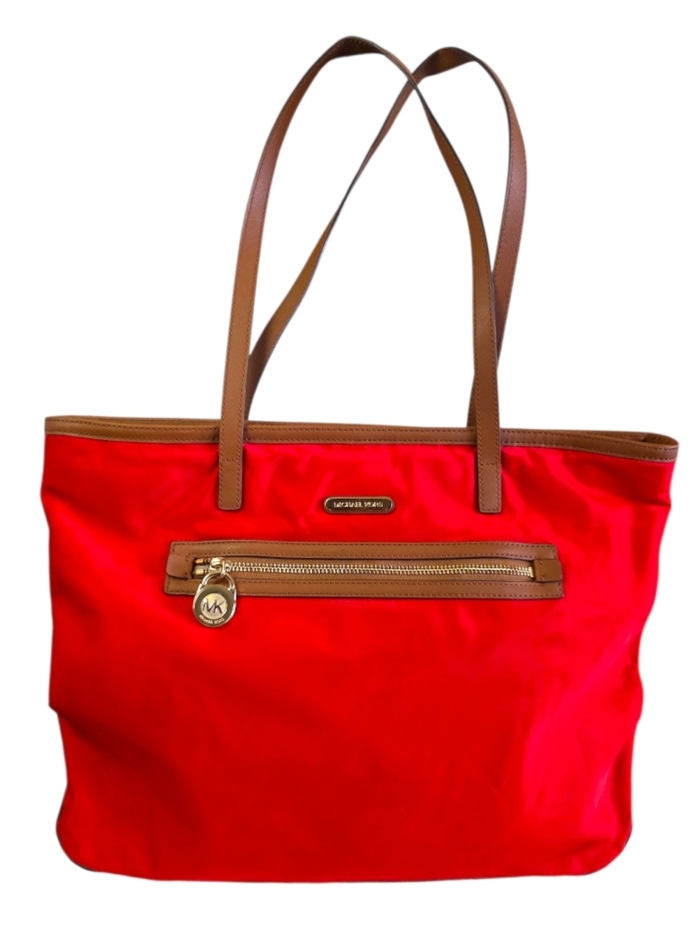 Michael Kors Tangerine Orange Nylon Tote with Brown Leather Trim - Picture 2 of 13